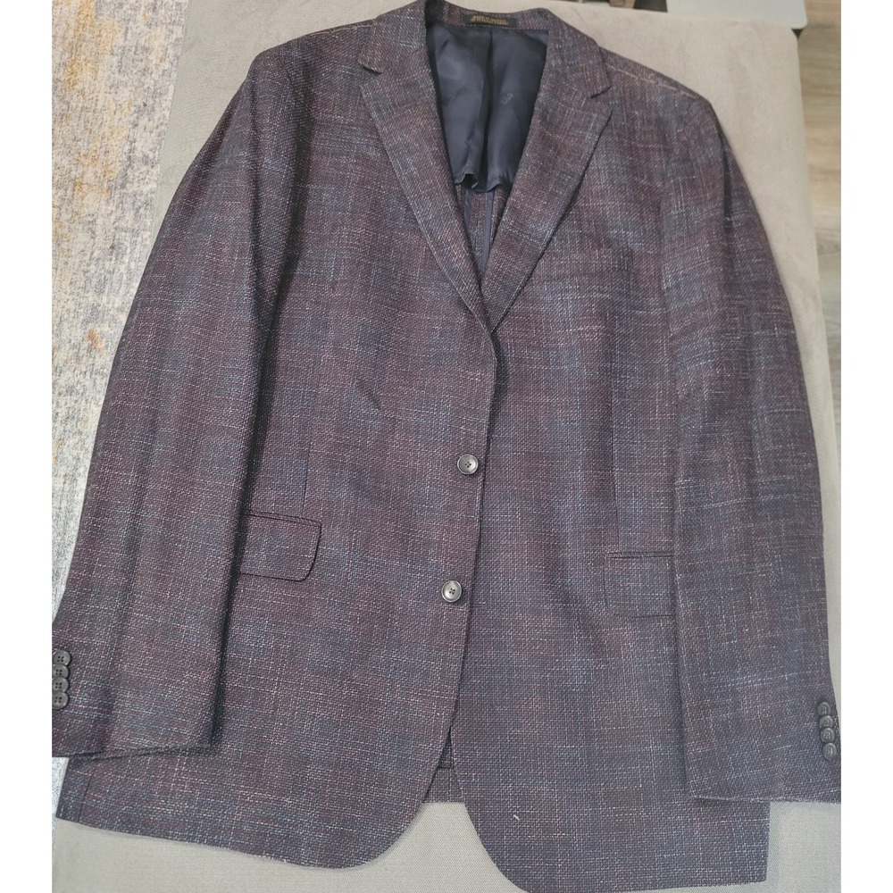 E.Thomas JAB Burgundy Navy 2 Button Wool Silk Linen‎ Sport Coat Size 46 Long